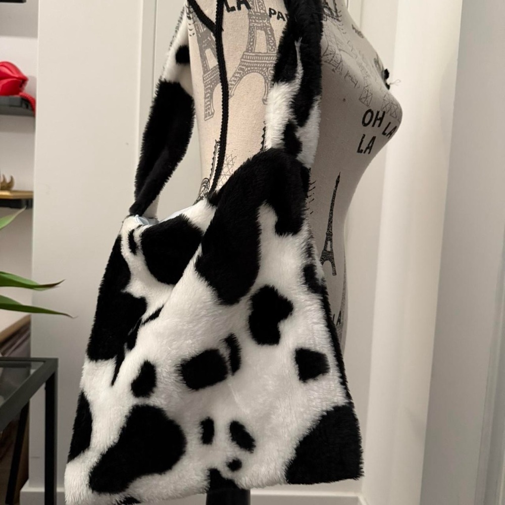 Fuzzy cow print tote Bag